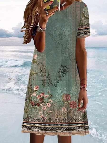 

Loose Crew Neck Casual Floral Dress, Green, Dresses