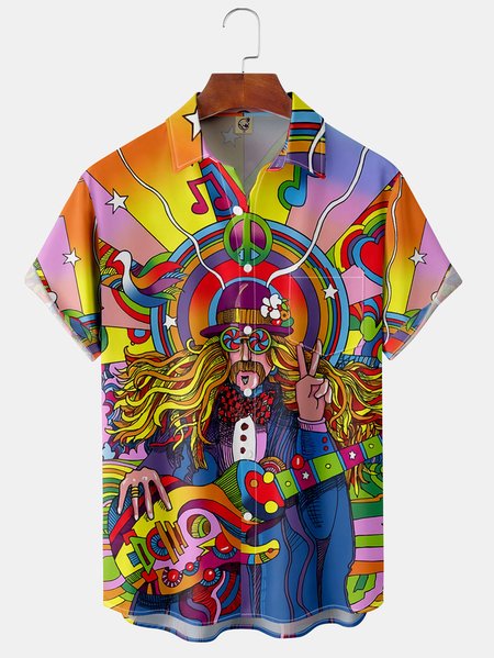 

Big Size Hippie Music Chest Pocket Short Sleeve Hawaiian Shirt, Pink, Men Shirts