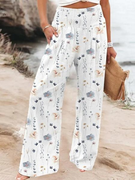 

Casual Floral Loose Pants, White, Pants