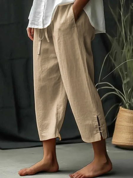 

Women Drawstring Waist Pockets Comfy Lounge Workout Plain Cotton Pants, Khaki, Pants