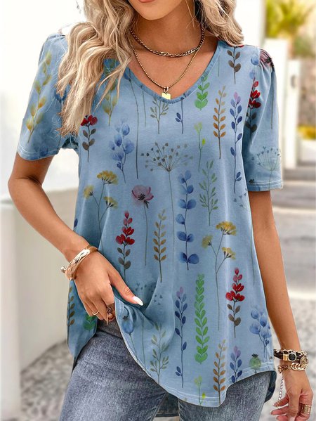 

Women Casual Floral V Neck Loose Short Sleeve Tunic Top, Blue, Tunics