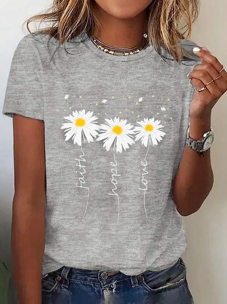 

Plus Size Loose Casual Daisy Jersey T-Shirt, Gray, T-Shirts