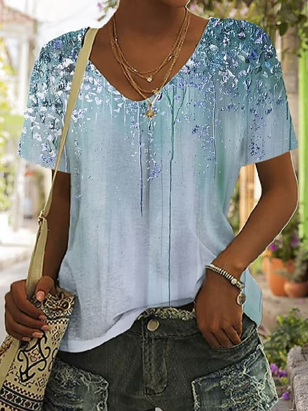 

V Neck Casual Gradient Pattern T-Shirt, Blue, T-Shirts