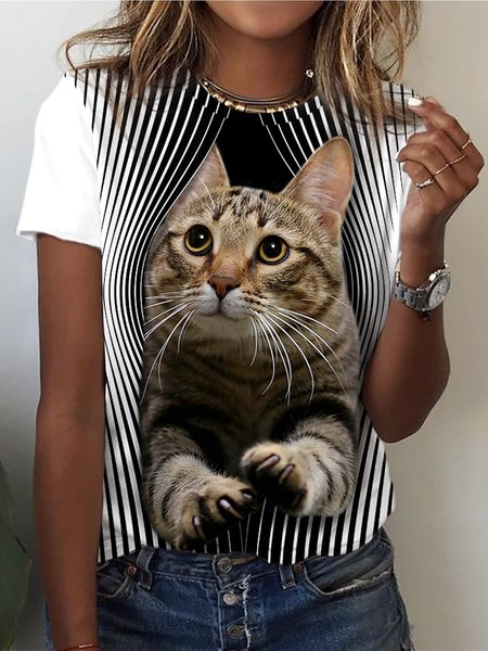 

Loose Casual Cat Knitted T-Shirt, White, T-Shirts