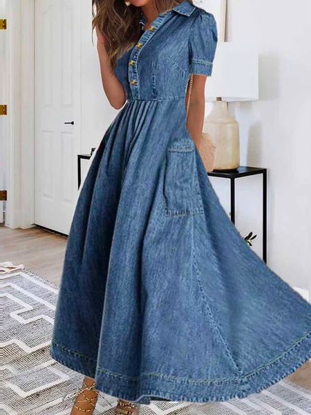 

Elegant Loose Plain Denim Dress, Blue, Denim Dresses