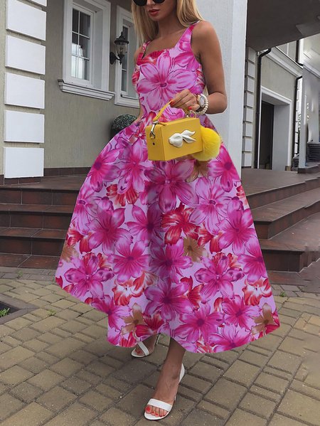 

Square Neck Regular Fit Elegant Floral Dress, Rose red, Maxi Dresses