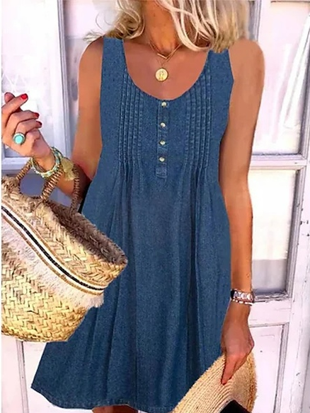 

Crew Neck Casual Plain Dress With No Belt, Blue, Dresses