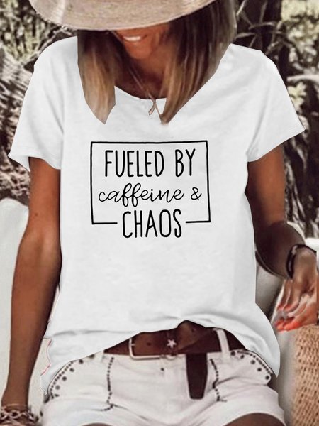 

Women's Fueled by Caffeine and Chaos coffee Lover Casual T-Shirt, White, T-shirts