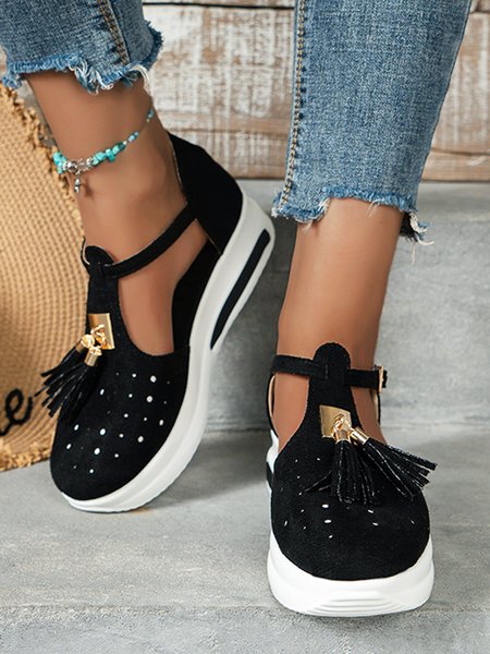 

Breathable Hollow out Tassel T-Strap Shoes, Black, Flats