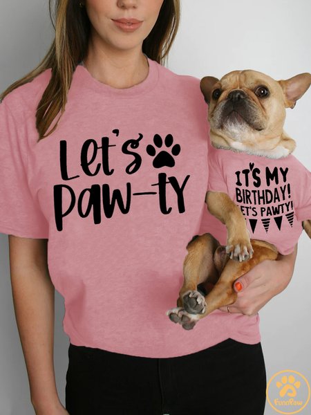 

Women's Let's Pawty Puppy Pawty Dog Invitation Dog Mom Crew Neck Cotton Casual T-Shirt, Pink, T-shirts