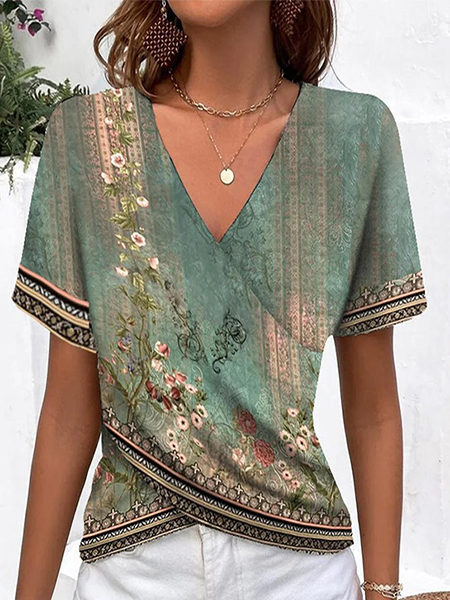 

Loose V Neck Casual Floral Shirt, Green, Shirts & Blouses