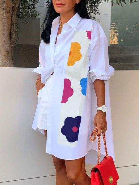 

Floral Urban Loose Shirt Collar Blouse, White, Blouses and Shirts