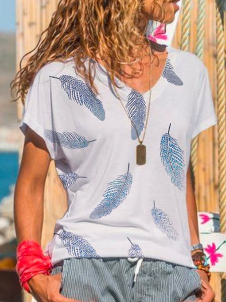 

V Neck Loose Floral Casual T-Shirt With No, White, T-Shirts
