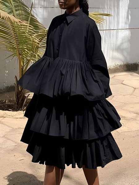 

Shirt Collar Loose Plain Urban Dress, Black, Midi Dresses