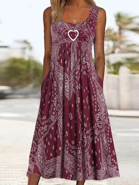 

Ethnic Crew Neck Loose Casual Dress, Red, Dresses