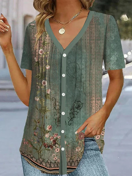 

V Neck Floral Casual Blouse, Green, Shirts & Blouses