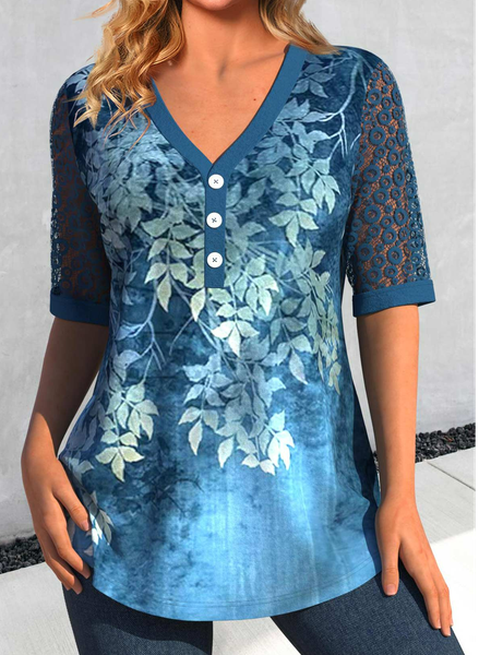 

V Neck Casual Floral Loose Shirt, Blue, Shirts & Blouses