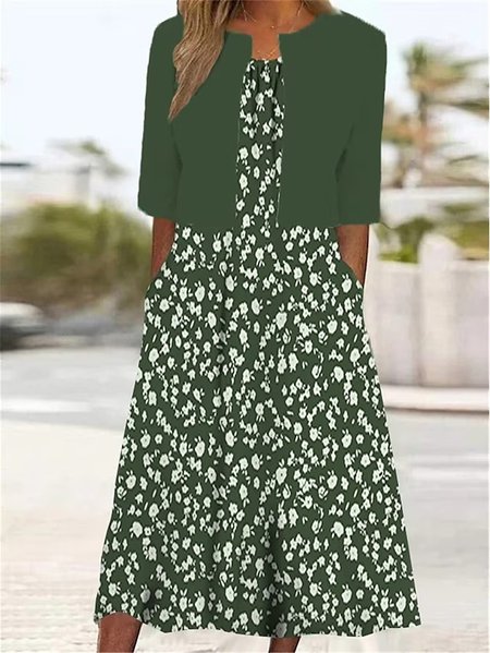 

Floral Loose Elegant Crew Neck Two-Piece Set, Green, Suit Set