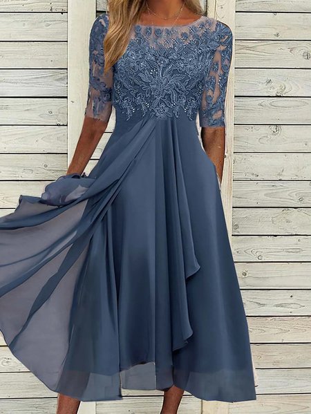 

Regular Fit Plain Crew Neck Elegant Dress, Blue, Dresses