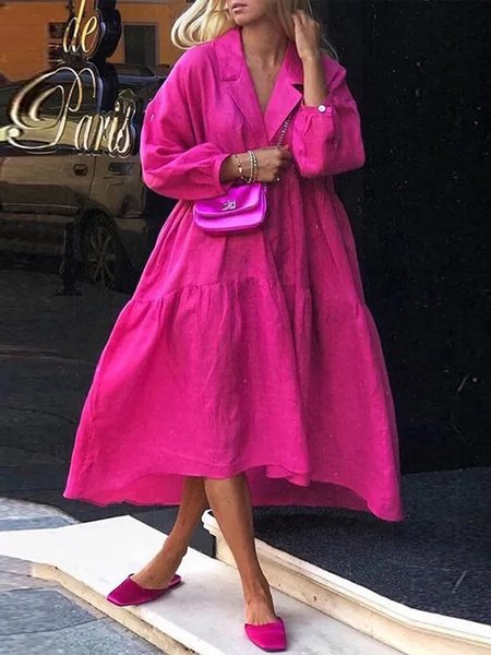 

Plain Loose Lapel Collar Casual Dress, Deep pink, Maxi Dresses