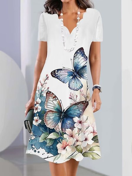 

Loose Butterfly Casual V Neck Dress, White, Dresses