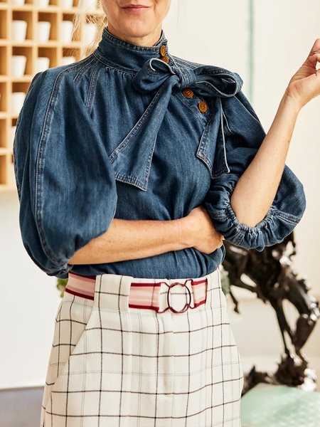 

Denim Regular Fit Stand Collar Casual Denim Top, Dark blue, Tops