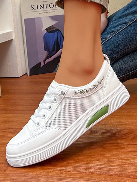 

Green Leaves Embroidered Graphics Breathable Mesh White Sneakers, White-green, Sneakers
