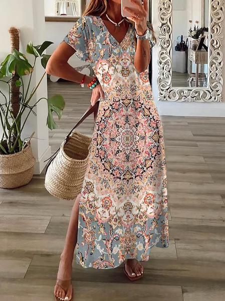 

Casual Ethnic Loose V Neck Dress, Pink, Dresses