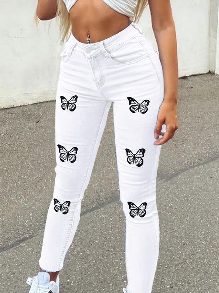 

Urban Casual Butterfly Pattern Jeans Women's Slim Pants, White, Jeans