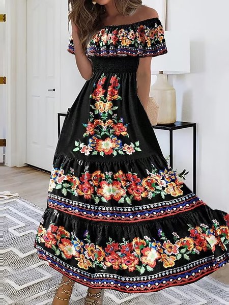 

Boat Neck Ethnic Ethnic Loose Dress, Black, Dresses