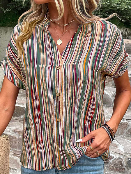 

V Neck Loose Casual Cotton Button Striped Green V Neck Blouse, Shirts & Blouses