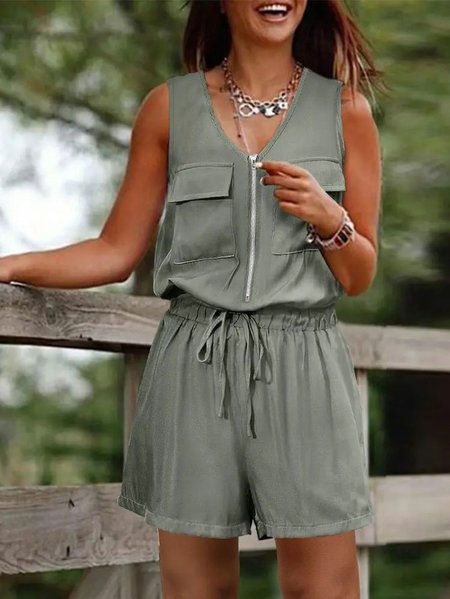 

Pocket Decor Drawstring Sleeveless Romper, Deep green, Jumpsuits＆Rompers