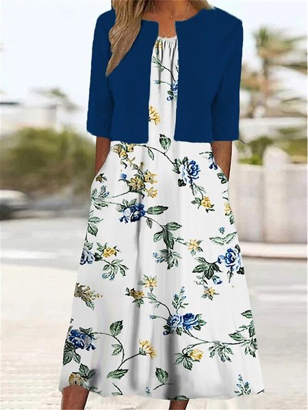 

Elegant Crew Neck Floral Loose Two-Piece Set, Blue, Suit Set