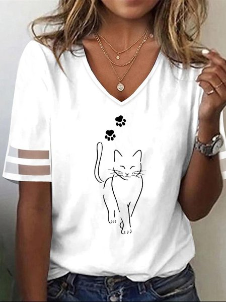 

V Neck Casual Loose Cat T-Shirt, White, T-Shirts