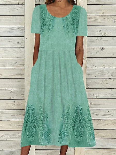 

Casual Floral Crew Neck Loose Dress With No Belt, Green, Dresses