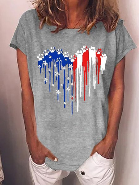 Women's Independence Day Love Dog Paws Blue White Red Graphic Printing 4th Of July Cotton Blend Casual Loose T Shirt