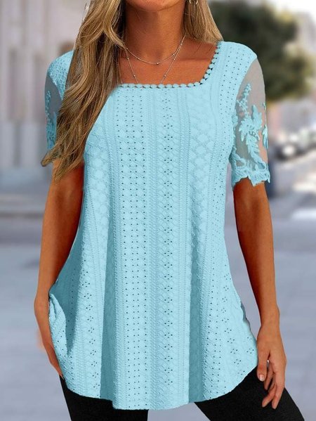 Casual Square Neck Lace T-Shirt, Light blue, Blouses & Shirts