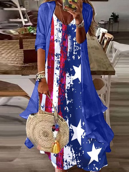 

Independence Day Loose Casual V Neck Two-Piece Set, Blue, Suit Set