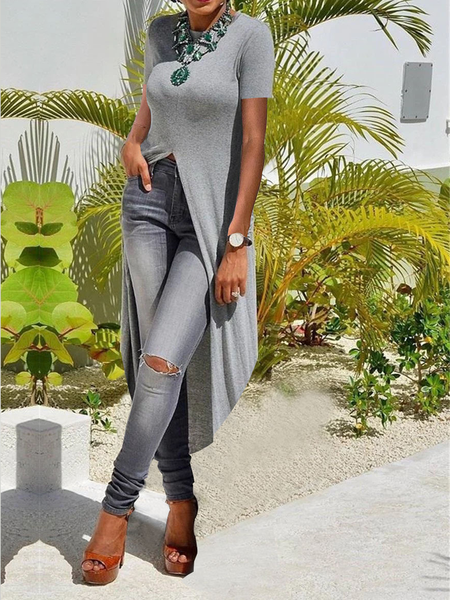 

High Elasticity Urban Crew Neck Short sleeve Regular Fit Mid-long Shirt, Gray, Blouses and Shirts