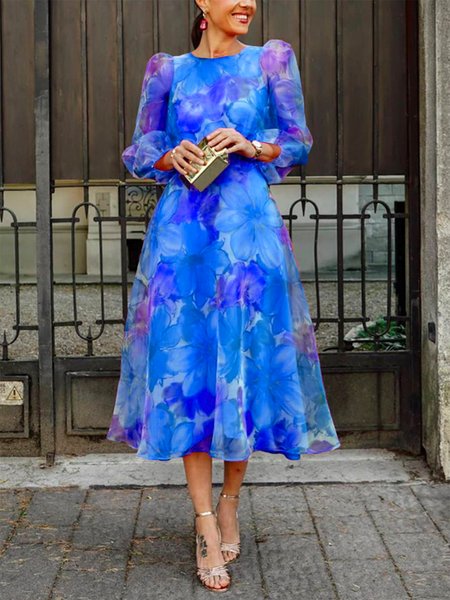 

Vacation Floral Elegant Crew Neck Midi Dress, Blue, Midi Dresses