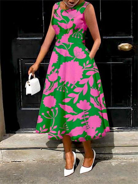 

Crew Neck Elegant Floral Dress, As picture, Midi Dresses