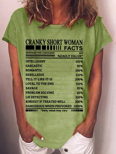 Women's funny Cranky Short Woman Facts Casual Crew Neck T-Shirt, Green, T-shirts