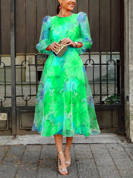 

Regular Fit Floral Elegant Crew Neck Midi Dress, Green, Dresses
