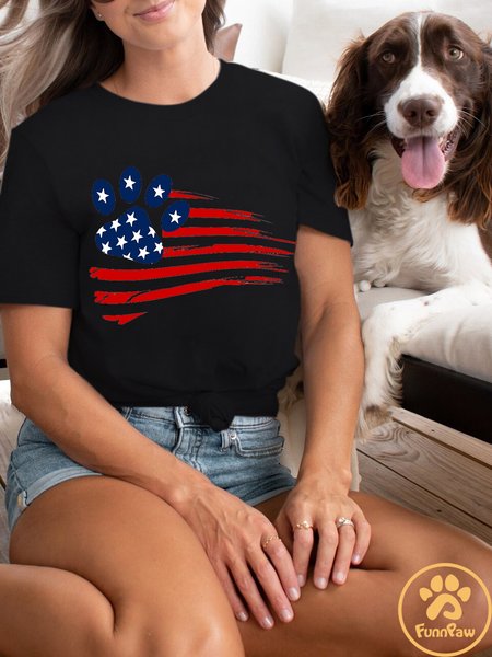 

Women's Patriotic American Flag Dog Love Owner Paw Print Casual T-Shirt, Black, T-shirts