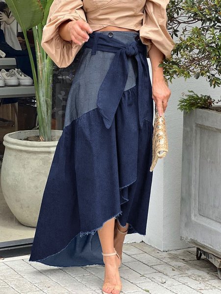 

Regular Fit Casual Color Block Skirt, Blue, Denim Skirts
