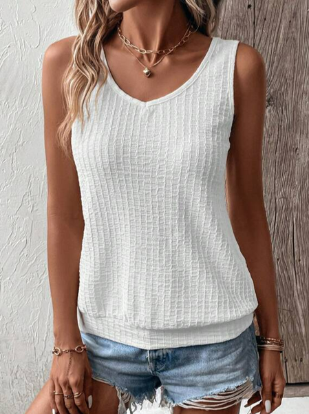 

Knitted Casual V Neck Loose Tank Top, White, Tanks & Camis