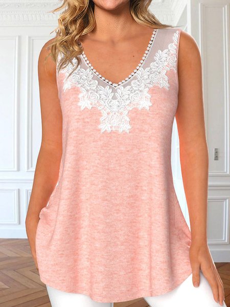 

V Neck Casual Lace Loose Tank Top, Orange pink, Tanks & Camis
