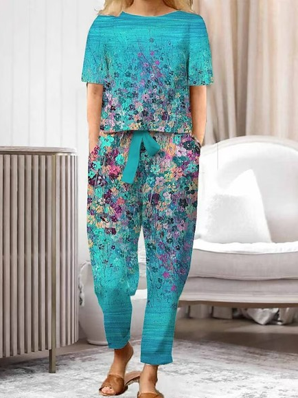 

Floral Casual Crew Neck Two-Piece Set, Blue, Suit Set