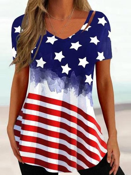 

V Neck Flag Casual Regular Fit Shirt, Blue, Shirts & Blouses