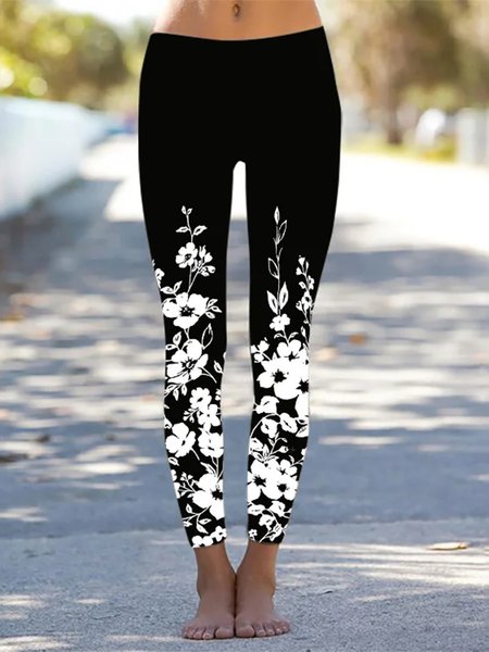 

Casual Regular Fit Floral Leggings, Black, Leggings